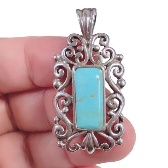 925 Sterling Silver Scroll Frame Turquoise Pendant - Picture 3 of 5